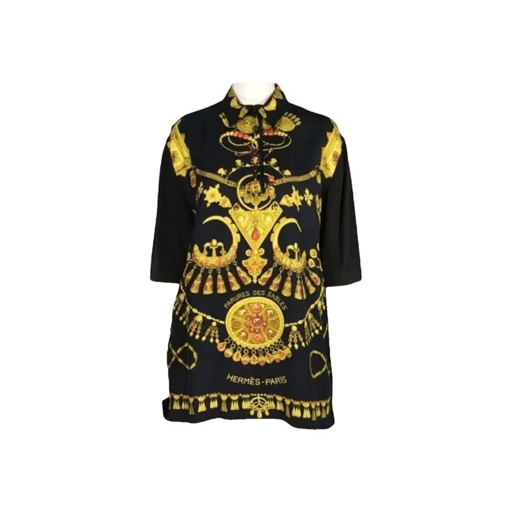 "HERMES Silk Knit Shirt Black Serie Button